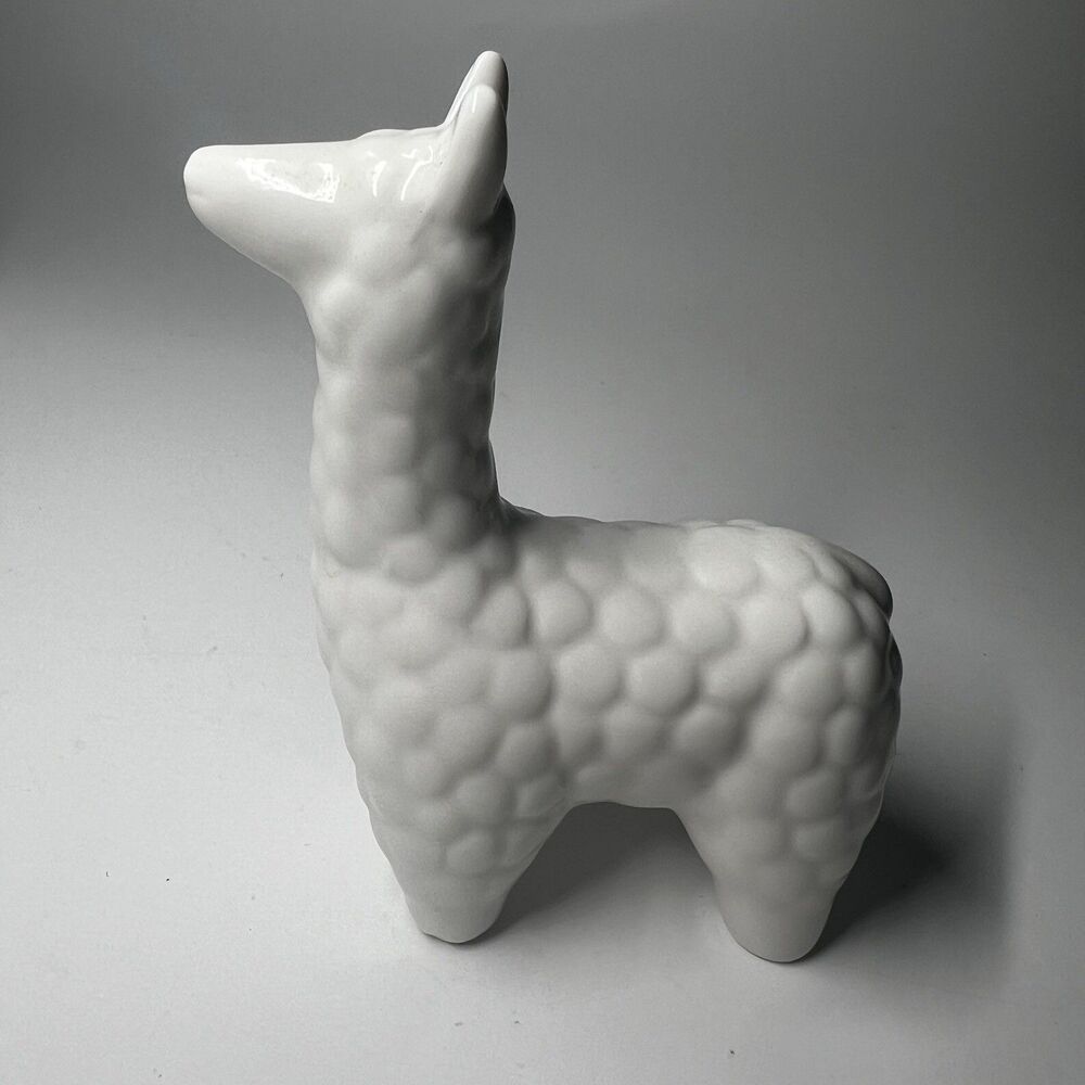 White Ceramic Llama Alpaca Miniature Figurine Glazed Porcelain Pottery 3.5”